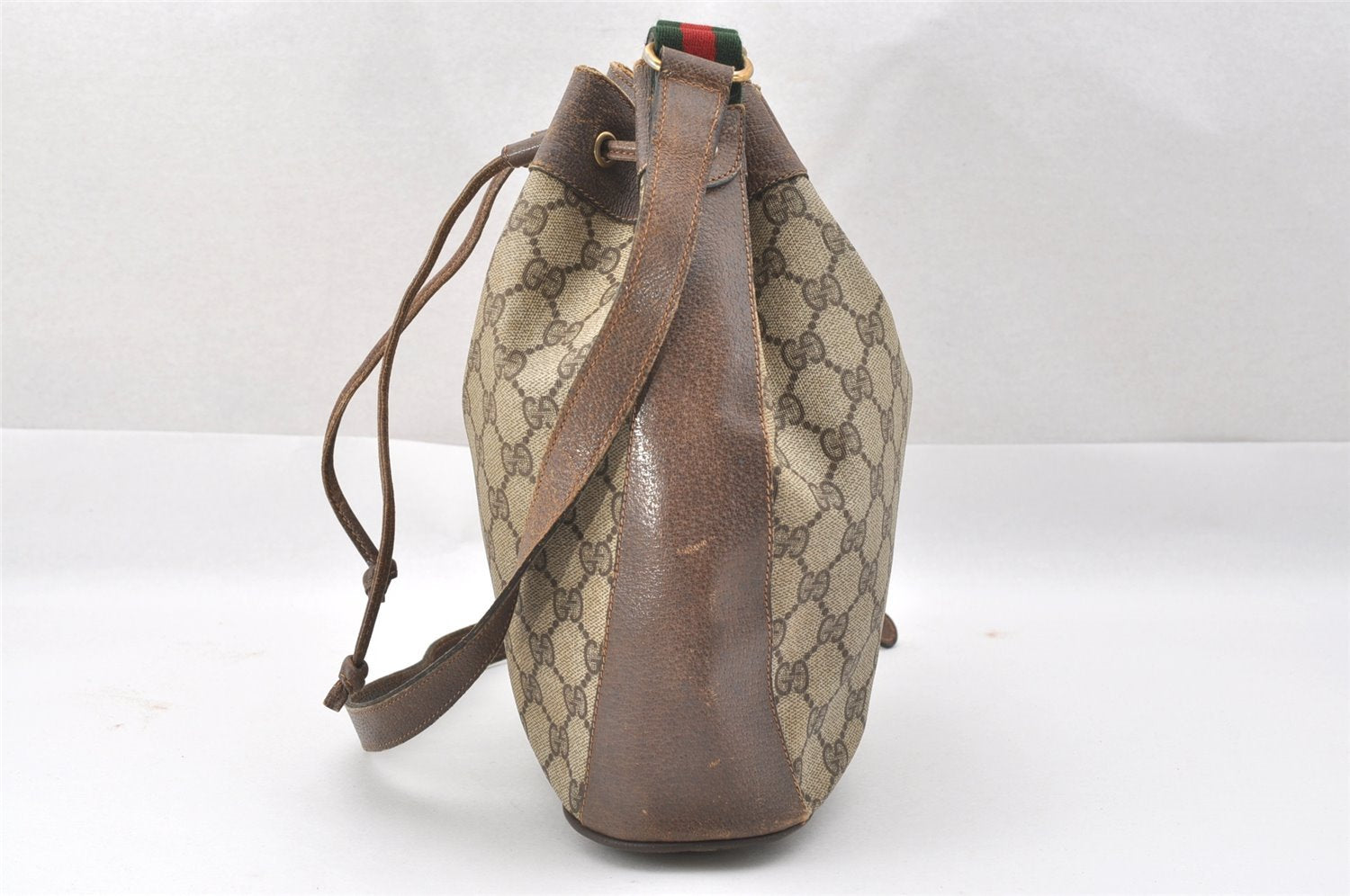 Authentic GUCCI Web Sherry Line Drawstring Bag GG PVC Leather Brown 2214J