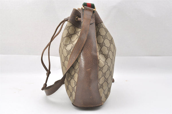 Authentic GUCCI Web Sherry Line Drawstring Bag GG PVC Leather Brown 2214J