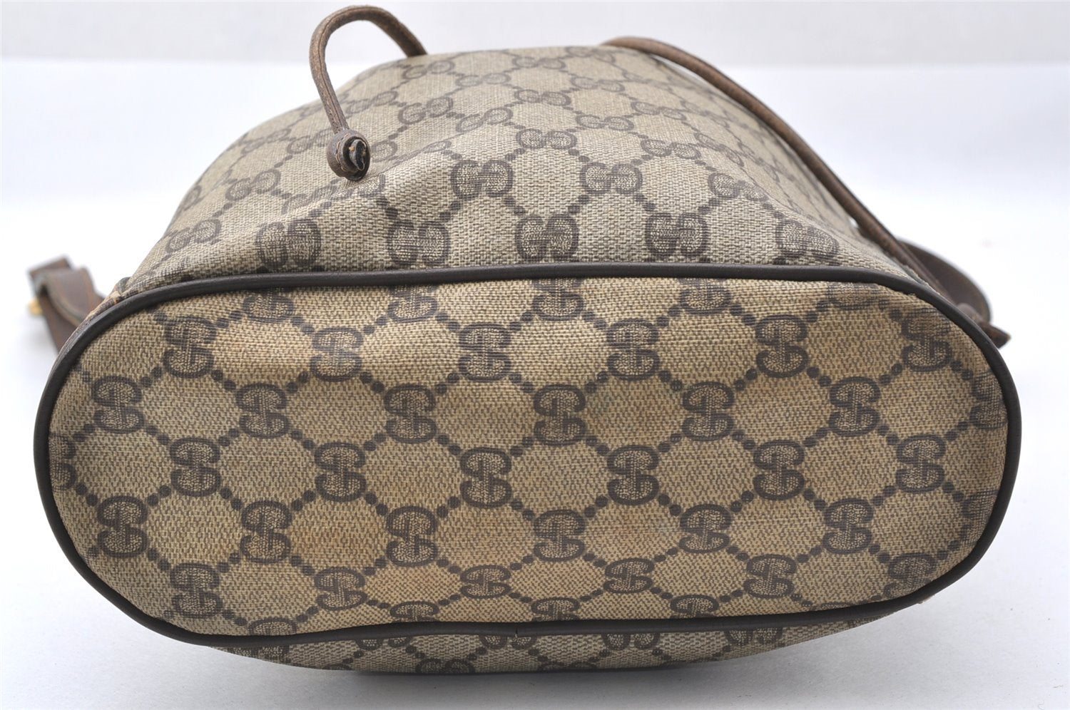 Authentic GUCCI Web Sherry Line Drawstring Bag GG PVC Leather Brown 2214J