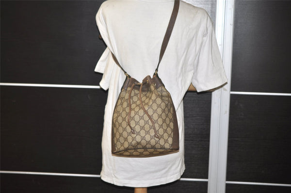 Authentic GUCCI Web Sherry Line Drawstring Bag GG PVC Leather Brown 2214J