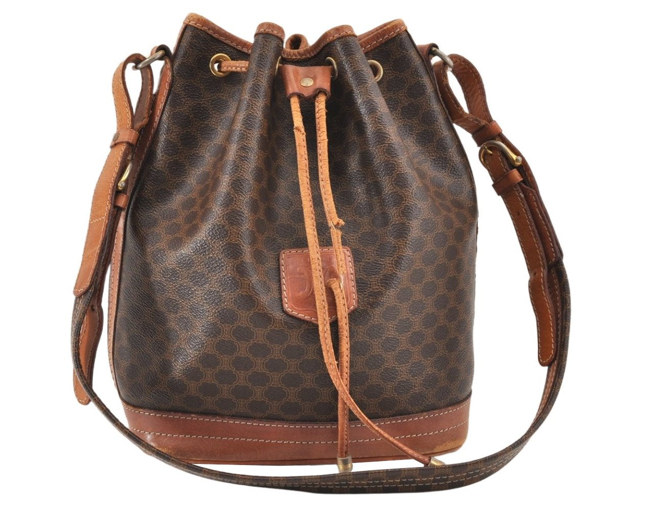 Authentic CELINE Macadam Blason Shoulder Drawstring Bag PVC Leather Brown 2214K
