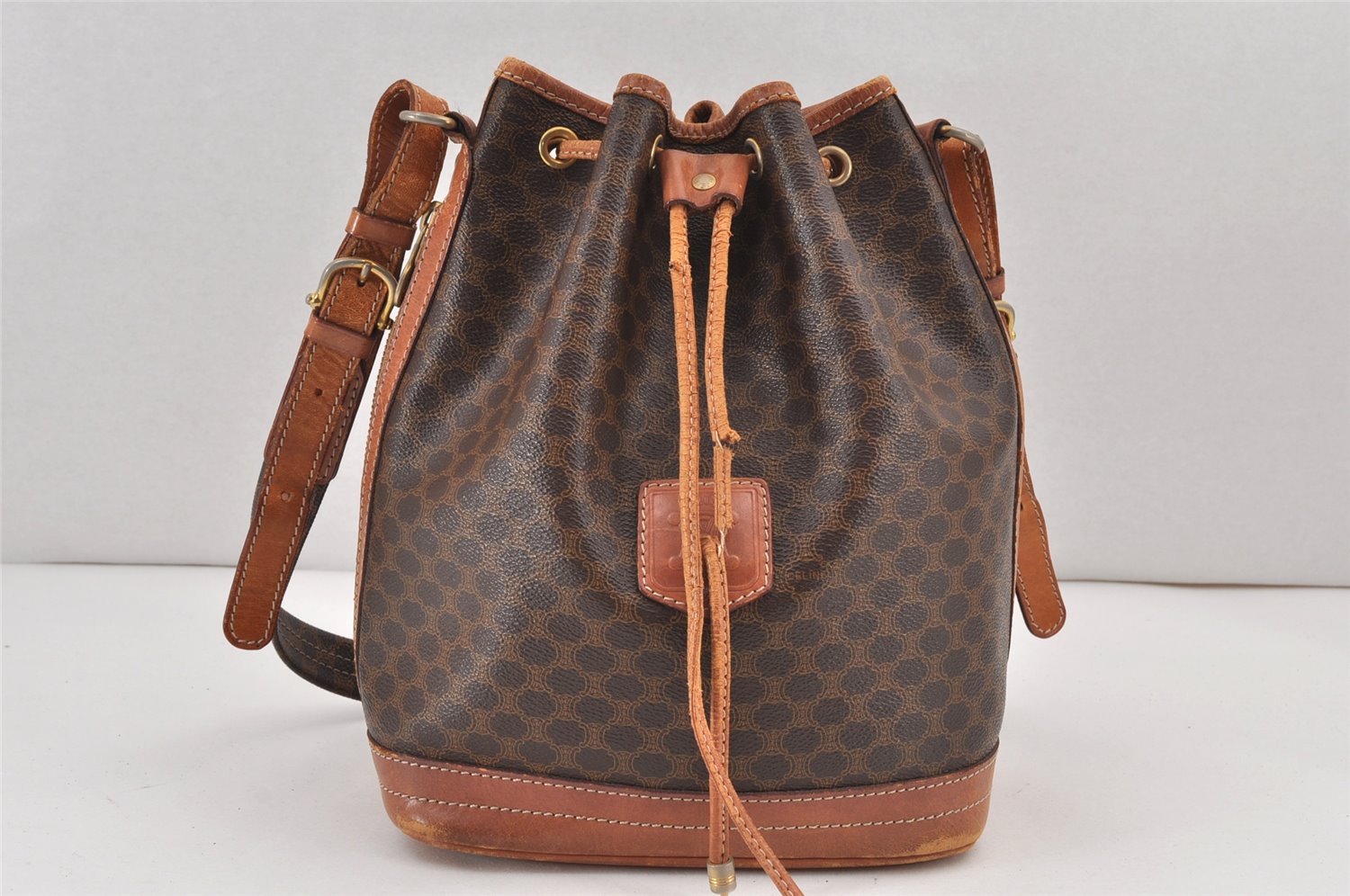 Authentic CELINE Macadam Blason Shoulder Drawstring Bag PVC Leather Brown 2214K