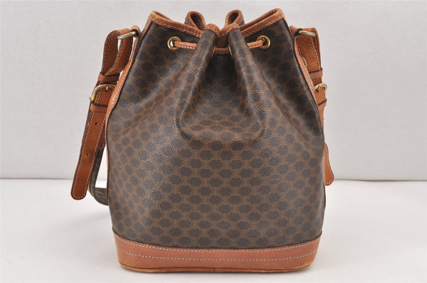 Authentic CELINE Macadam Blason Shoulder Drawstring Bag PVC Leather Brown 2214K