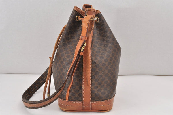 Authentic CELINE Macadam Blason Shoulder Drawstring Bag PVC Leather Brown 2214K