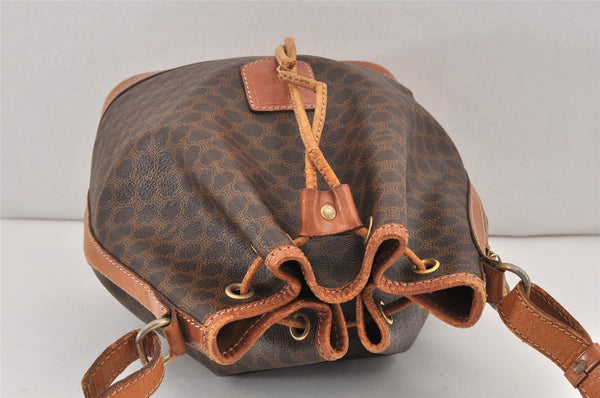 Authentic CELINE Macadam Blason Shoulder Drawstring Bag PVC Leather Brown 2214K