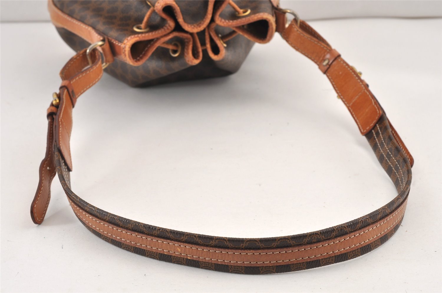 Authentic CELINE Macadam Blason Shoulder Drawstring Bag PVC Leather Brown 2214K