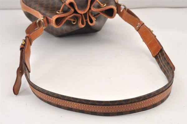 Authentic CELINE Macadam Blason Shoulder Drawstring Bag PVC Leather Brown 2214K