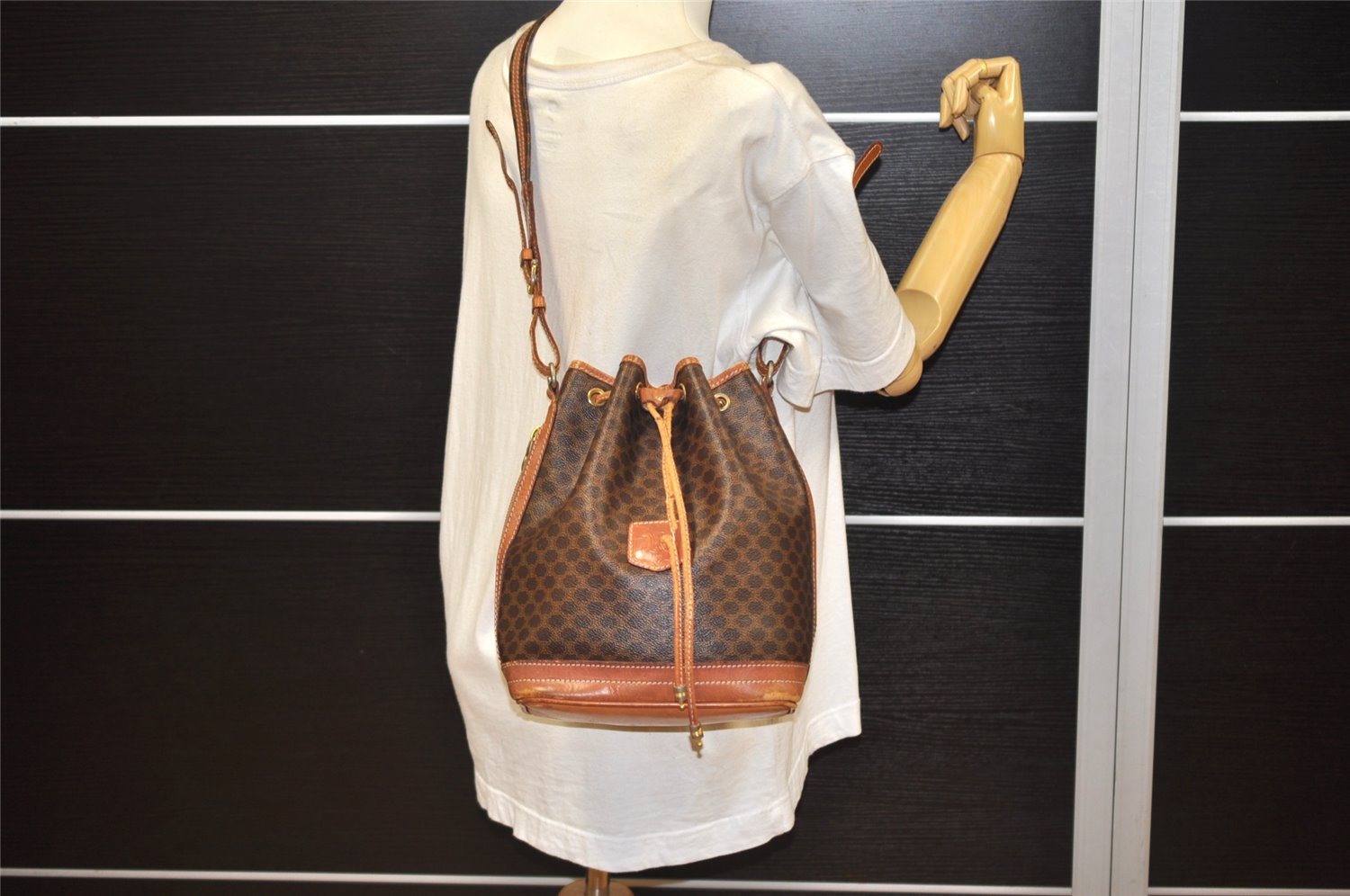 Authentic CELINE Macadam Blason Shoulder Drawstring Bag PVC Leather Brown 2214K