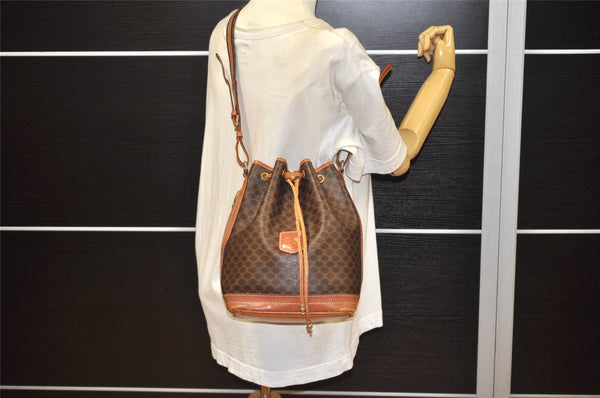 Authentic CELINE Macadam Blason Shoulder Drawstring Bag PVC Leather Brown 2214K