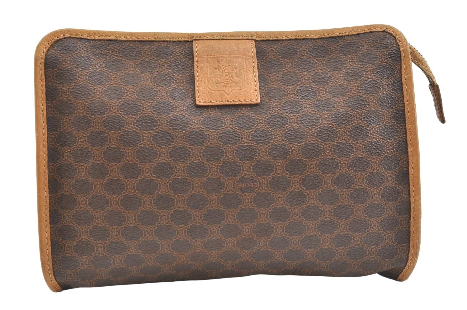 Authentic CELINE Macadam Blason Pattern Clutch Hand Bag PVC Leather Brown 2215K