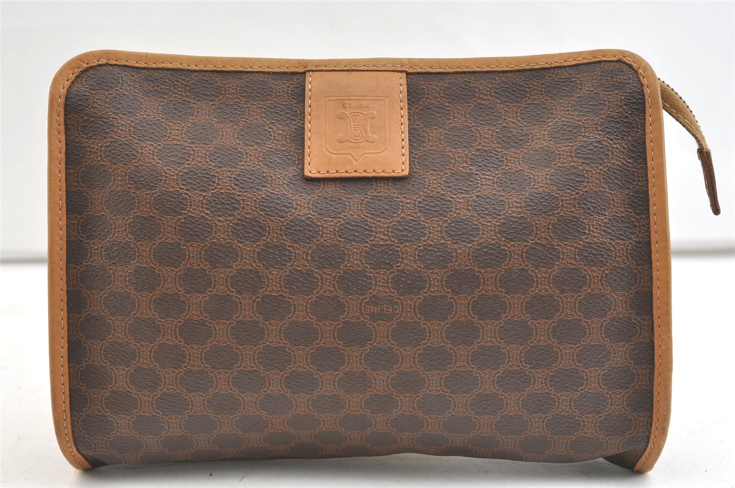 Authentic CELINE Macadam Blason Pattern Clutch Hand Bag PVC Leather Brown 2215K