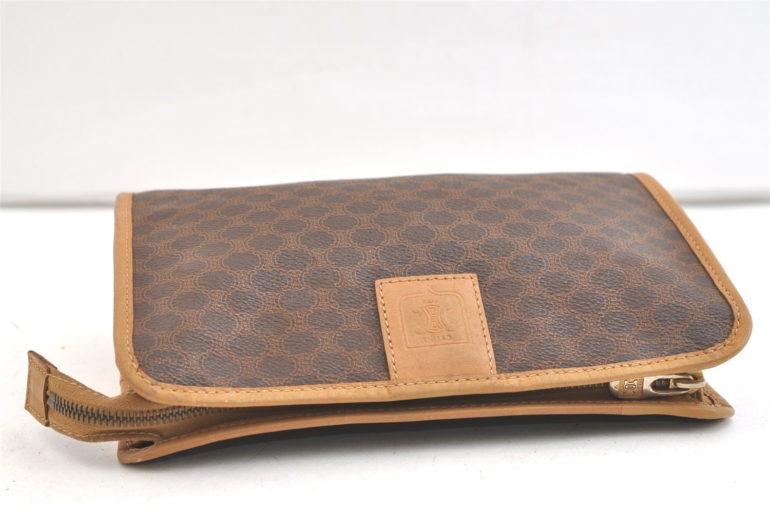 Authentic CELINE Macadam Blason Pattern Clutch Hand Bag PVC Leather Brown 2215K