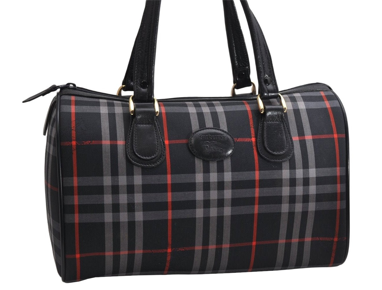 Authentic Burberrys Check Canvas Leather Hand Boston Bag Navy Blue 2235K