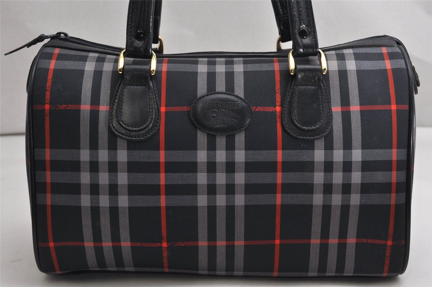 Authentic Burberrys Check Canvas Leather Hand Boston Bag Navy Blue 2235K