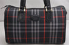 Authentic Burberrys Check Canvas Leather Hand Boston Bag Navy Blue 2235K
