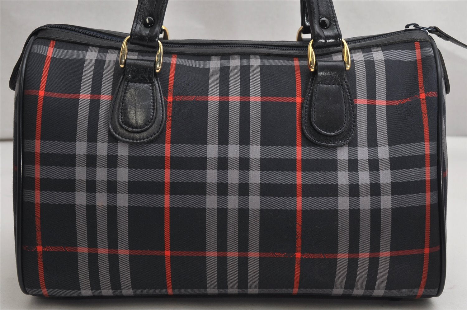 Authentic Burberrys Check Canvas Leather Hand Boston Bag Navy Blue 2235K