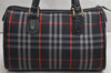 Authentic Burberrys Check Canvas Leather Hand Boston Bag Navy Blue 2235K