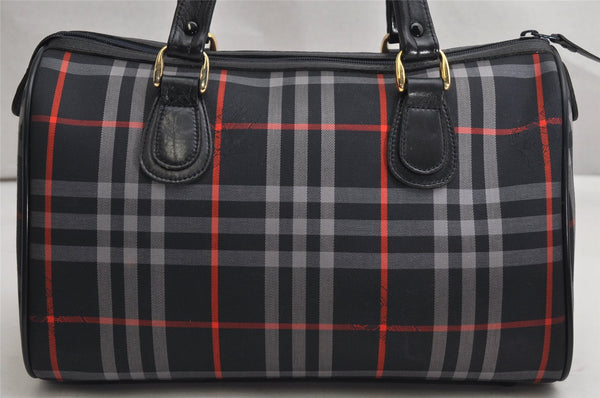 Authentic Burberrys Check Canvas Leather Hand Boston Bag Navy Blue 2235K