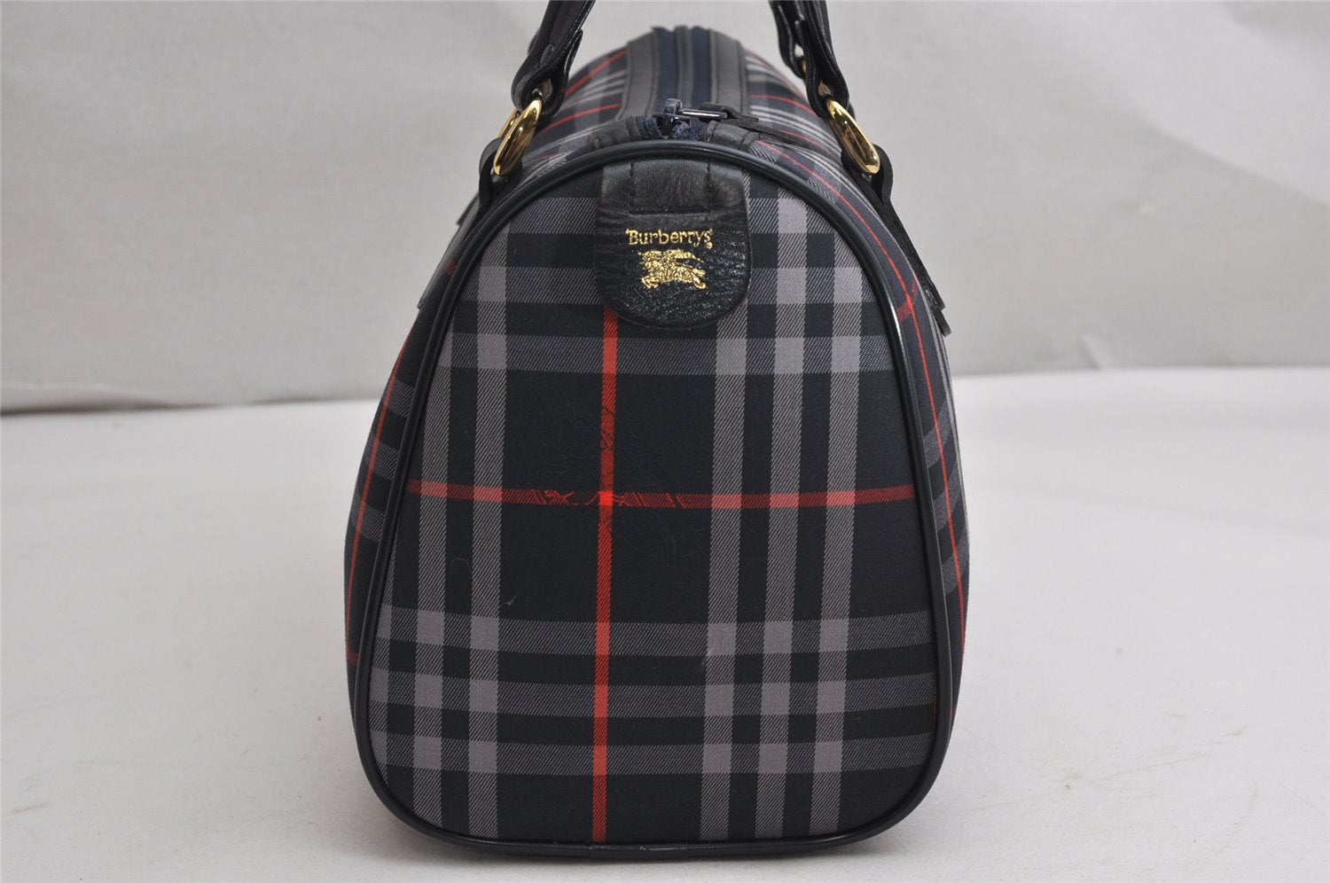 Authentic Burberrys Check Canvas Leather Hand Boston Bag Navy Blue 2235K