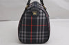 Authentic Burberrys Check Canvas Leather Hand Boston Bag Navy Blue 2235K