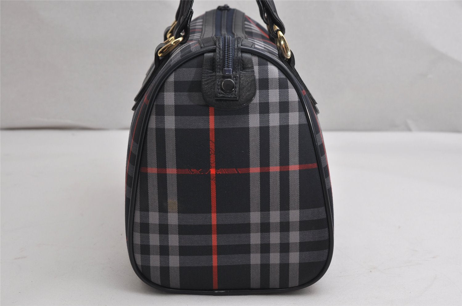 Authentic Burberrys Check Canvas Leather Hand Boston Bag Navy Blue 2235K