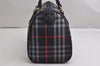 Authentic Burberrys Check Canvas Leather Hand Boston Bag Navy Blue 2235K