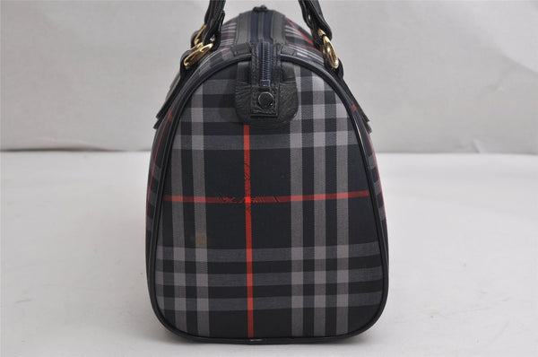 Authentic Burberrys Check Canvas Leather Hand Boston Bag Navy Blue 2235K