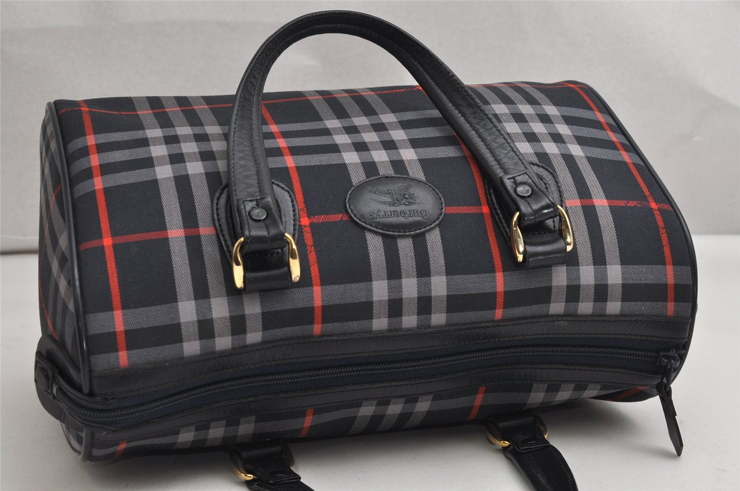 Authentic Burberrys Check Canvas Leather Hand Boston Bag Navy Blue 2235K