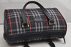 Authentic Burberrys Check Canvas Leather Hand Boston Bag Navy Blue 2235K