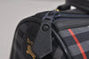 Authentic Burberrys Check Canvas Leather Hand Boston Bag Navy Blue 2235K
