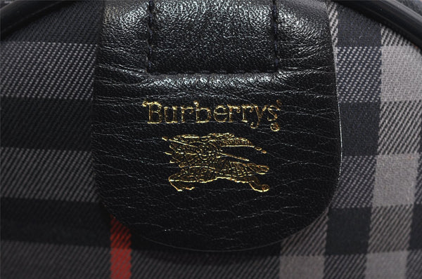 Authentic Burberrys Check Canvas Leather Hand Boston Bag Navy Blue 2235K