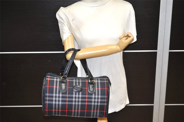 Authentic Burberrys Check Canvas Leather Hand Boston Bag Navy Blue 2235K