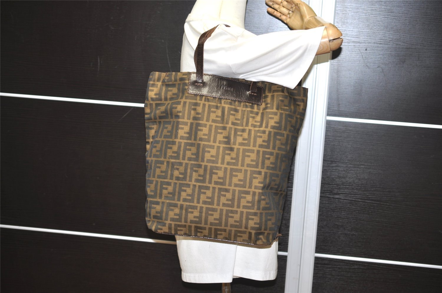 Authentic FENDI Zucca Vintage Folding Tote Hand Bag Nylon Leather Brown 2236I
