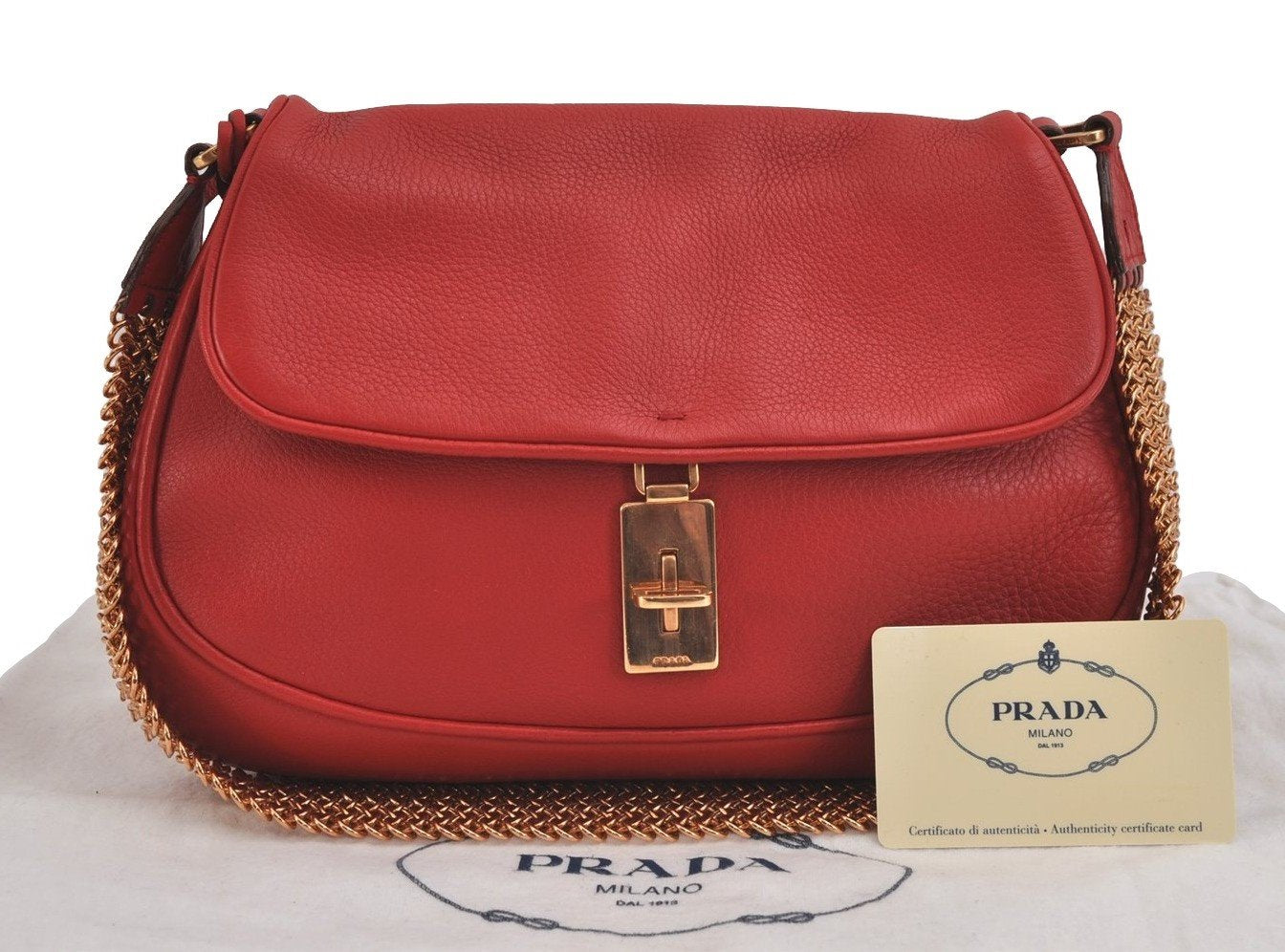 Authentic PRADA DAINO TREND Leather Nappa Chain Shoulder Bag BR0167 Red 2240J