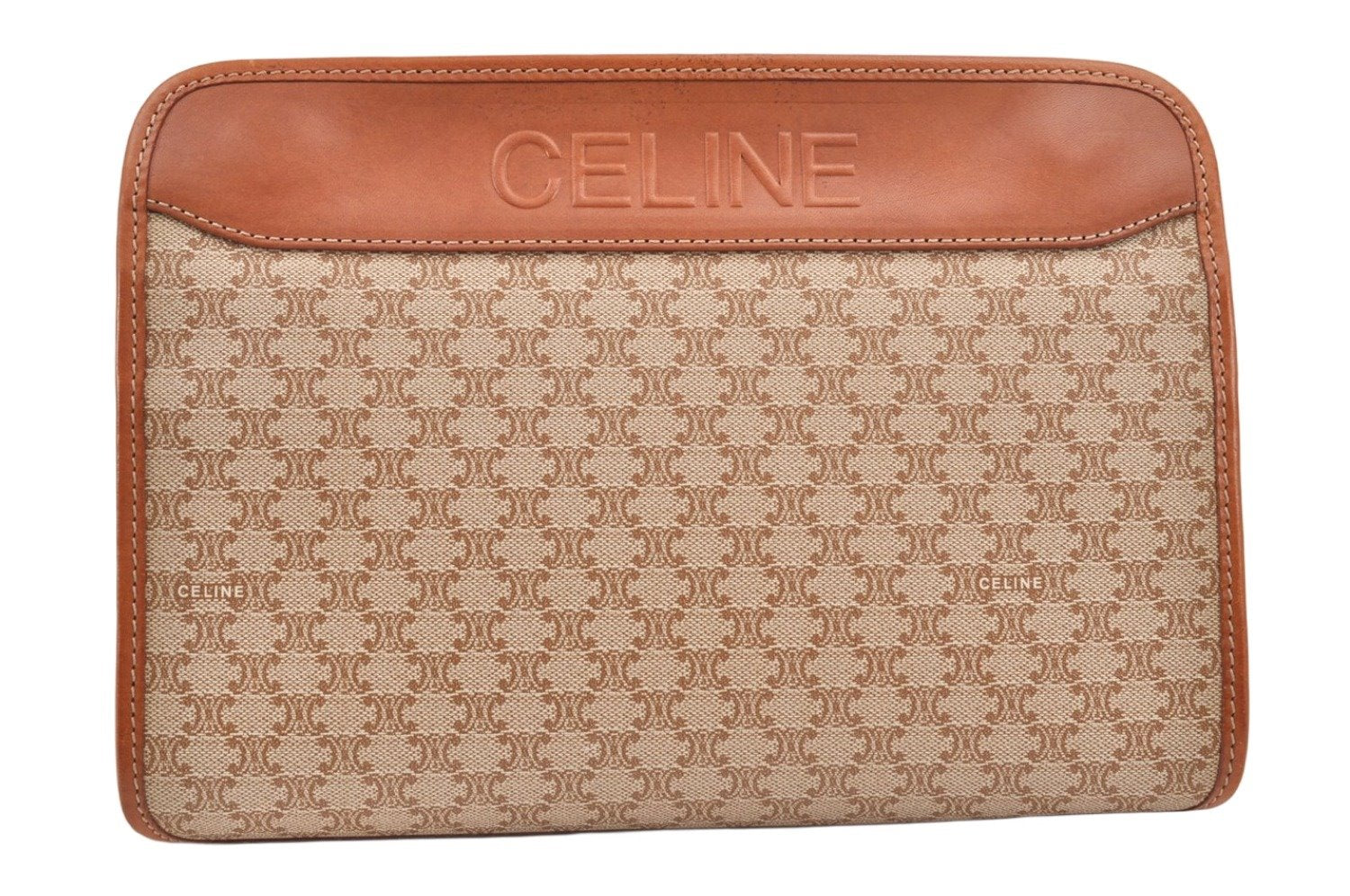 Authentic CELINE Macadam Blason Pattern Clutch Hand Bag PVC Leather Beige 2241K