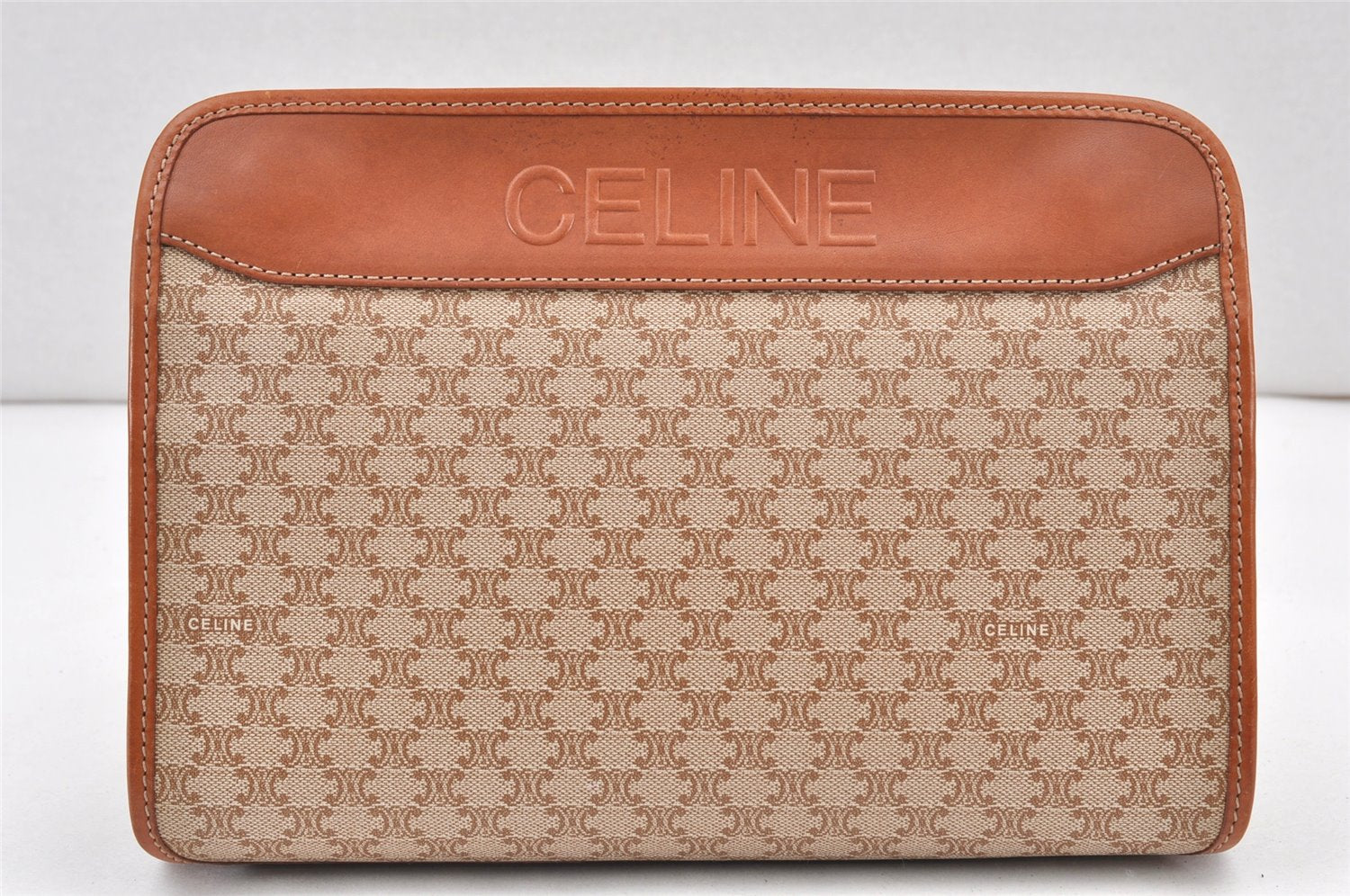 Authentic CELINE Macadam Blason Pattern Clutch Hand Bag PVC Leather Beige 2241K
