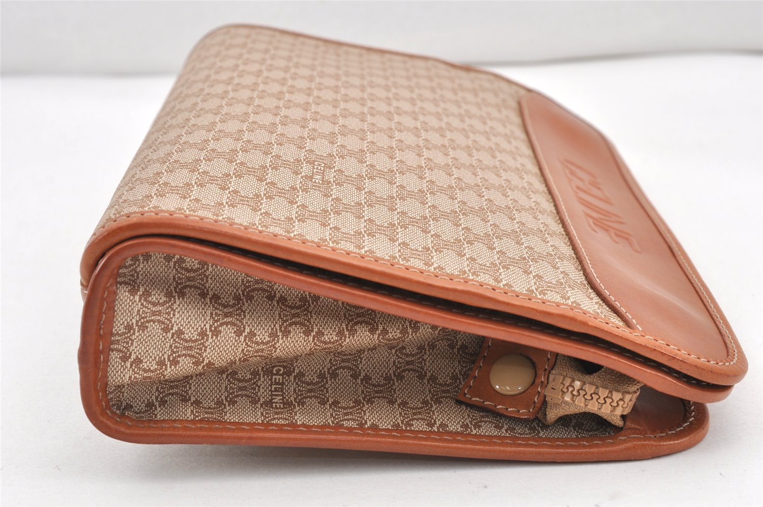 Authentic CELINE Macadam Blason Pattern Clutch Hand Bag PVC Leather Beige 2241K