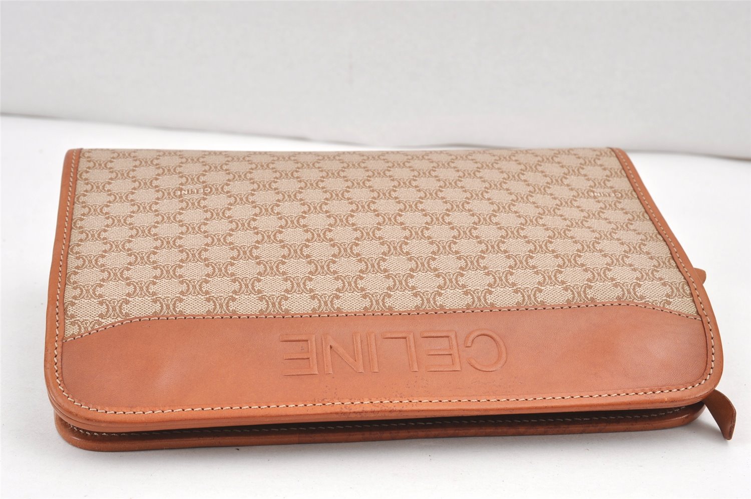 Authentic CELINE Macadam Blason Pattern Clutch Hand Bag PVC Leather Beige 2241K