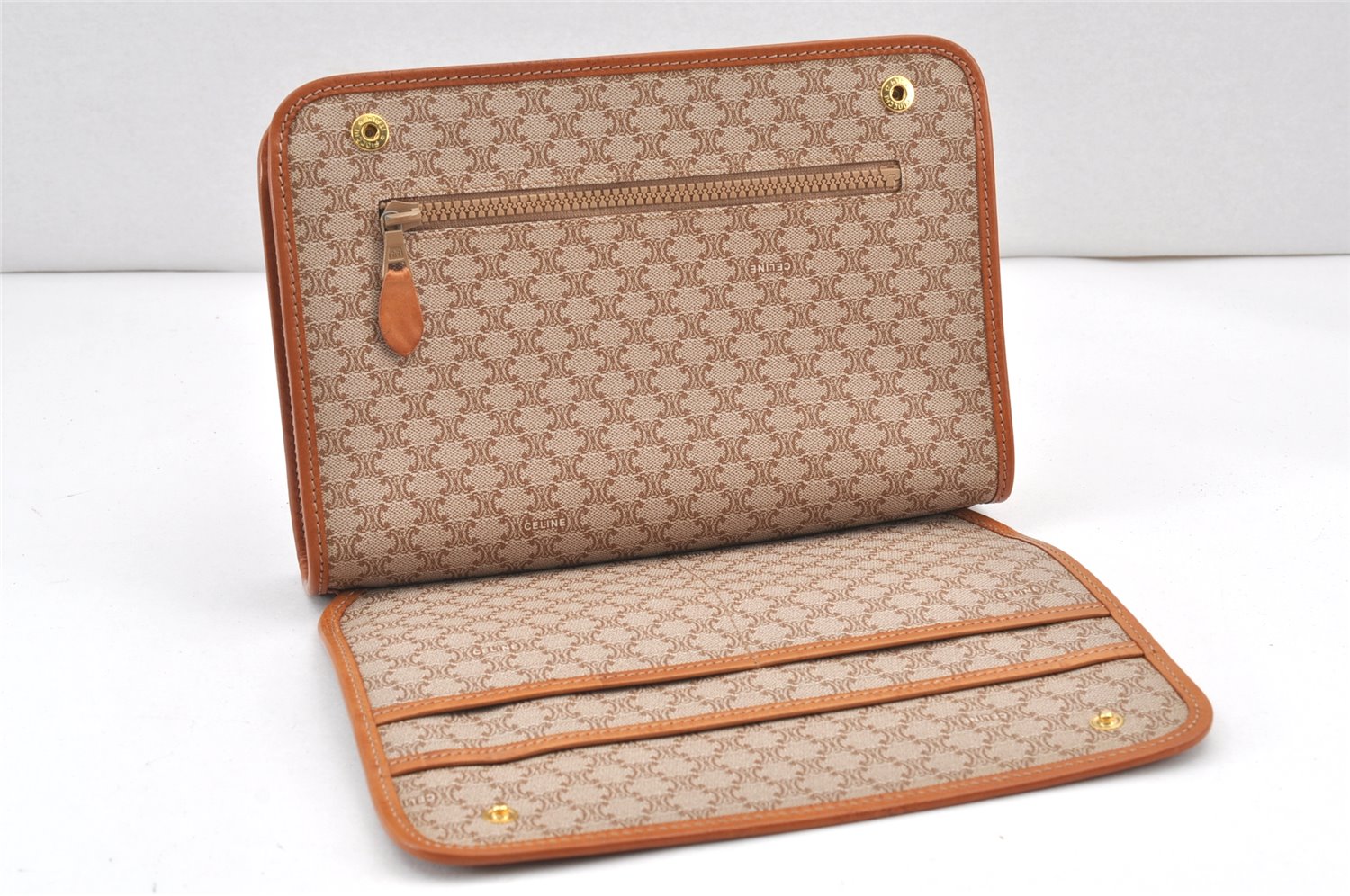 Authentic CELINE Macadam Blason Pattern Clutch Hand Bag PVC Leather Beige 2241K
