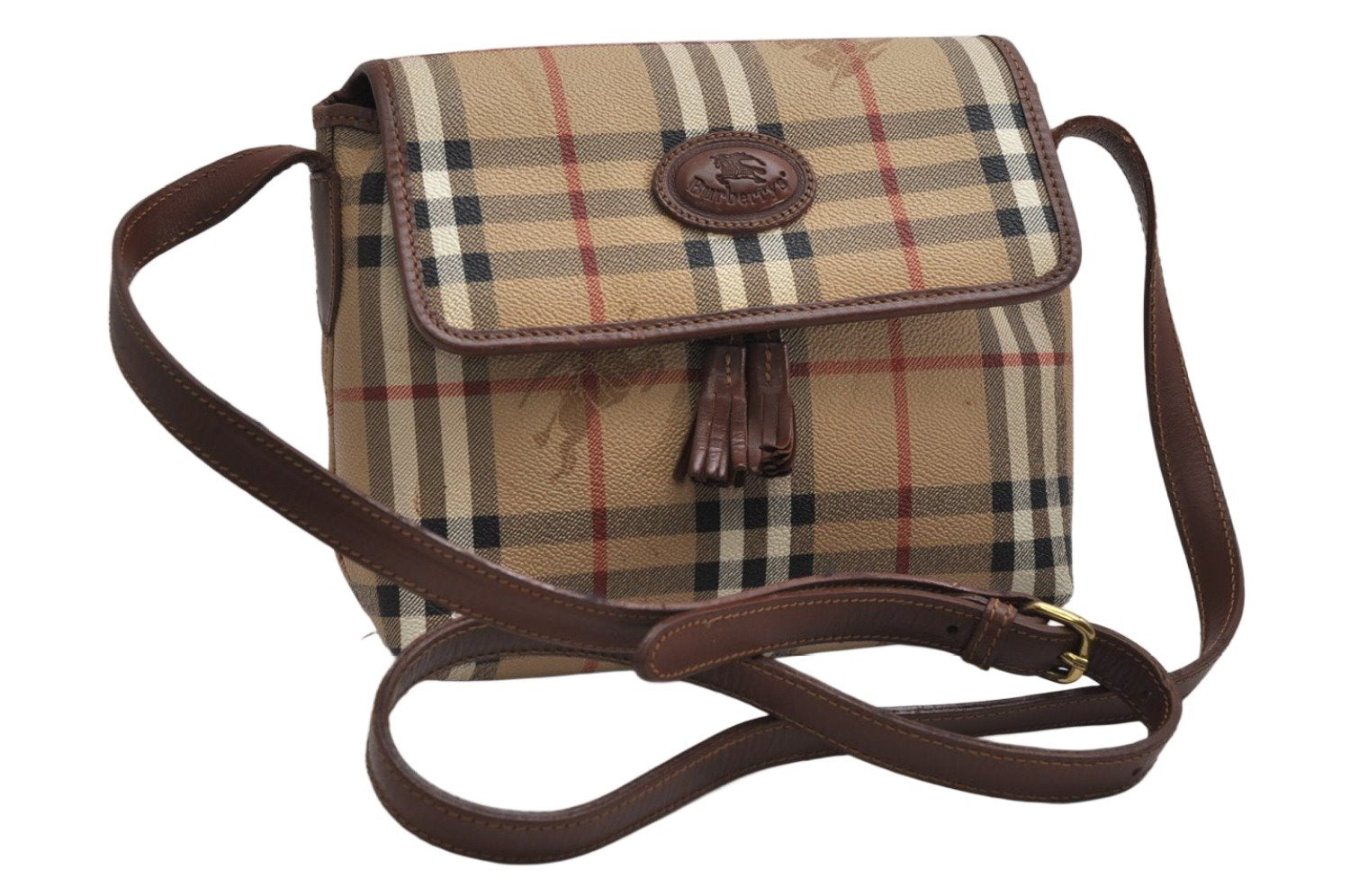 Authentic Burberrys Nova Check Shoulder Cross Body Bag PVC Leather Beige 2250K