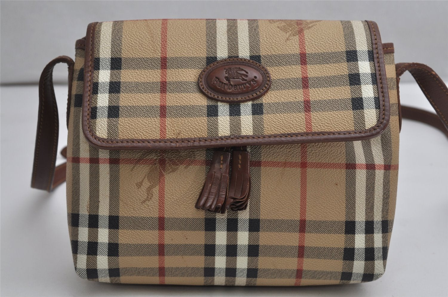 Authentic Burberrys Nova Check Shoulder Cross Body Bag PVC Leather Beige 2250K