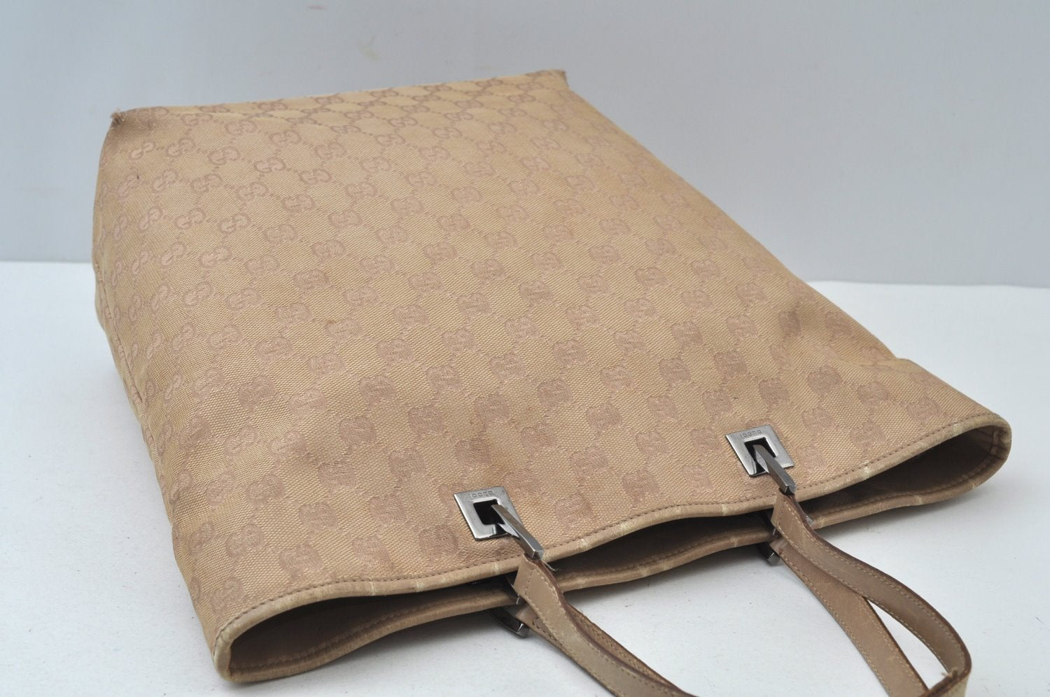 Authentic GUCCI Shoulder Hand Tote Bag GG Canvas Leather 31243 Beige 2252J