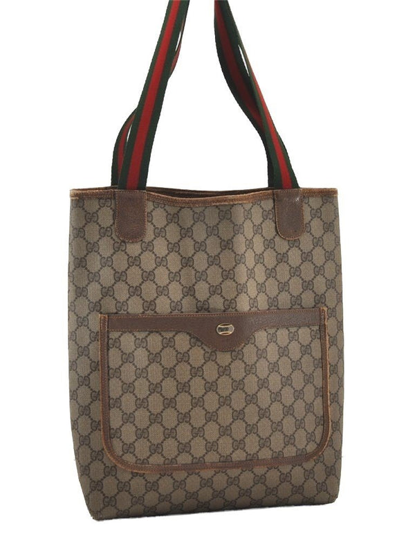 Authentic GUCCI Web Sherry Line Shoulder Tote Bag GG PVC Leather Brown 2253J
