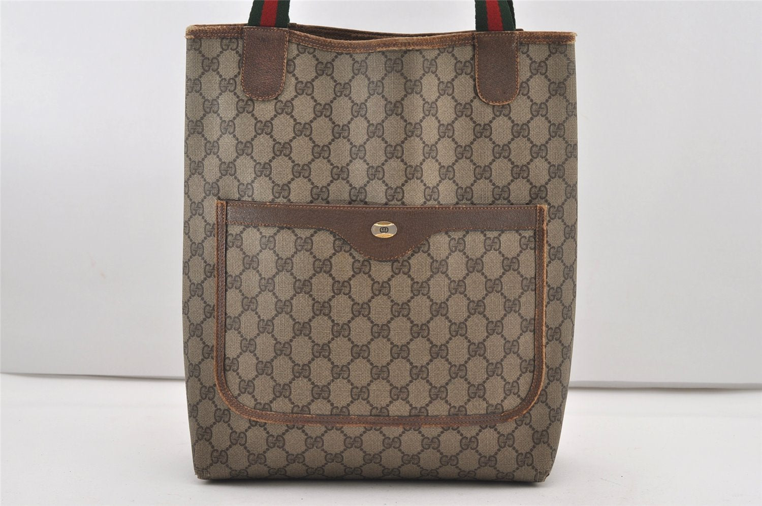 Authentic GUCCI Web Sherry Line Shoulder Tote Bag GG PVC Leather Brown 2253J