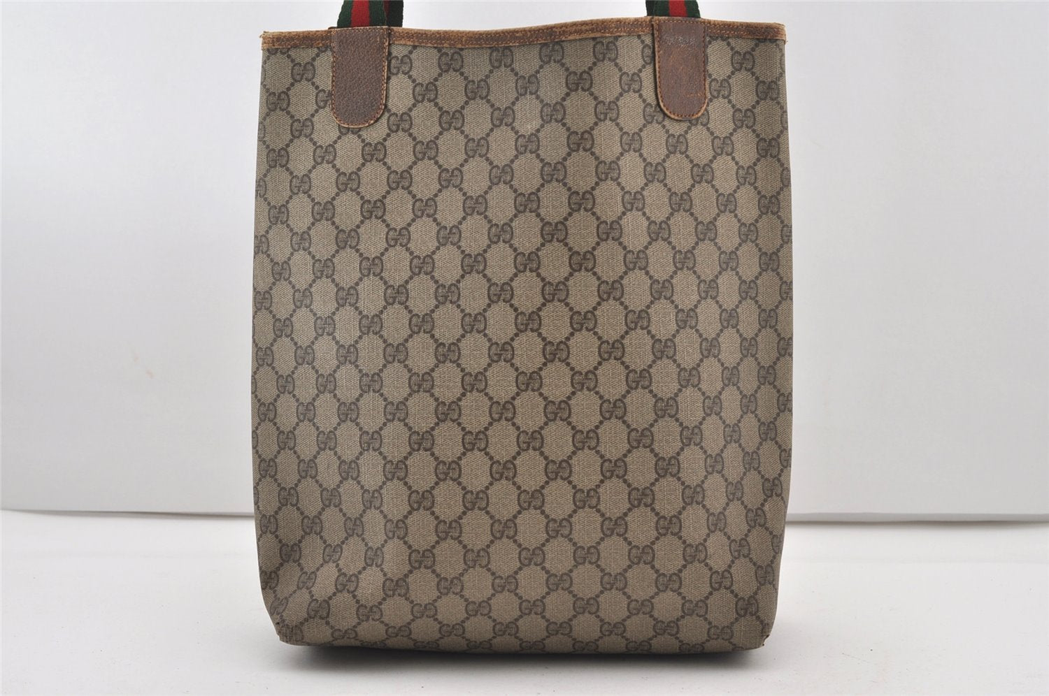 Authentic GUCCI Web Sherry Line Shoulder Tote Bag GG PVC Leather Brown 2253J