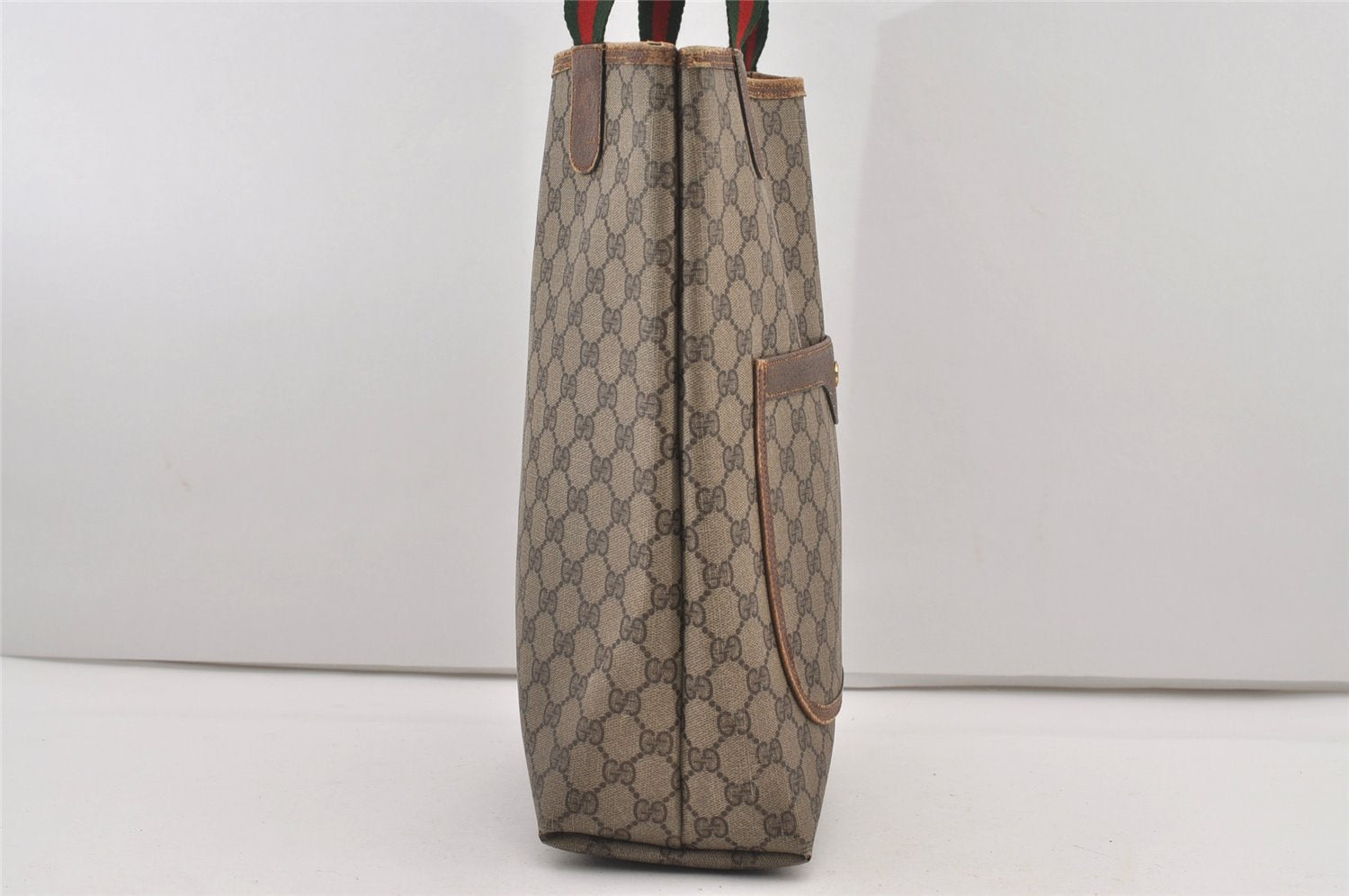 Authentic GUCCI Web Sherry Line Shoulder Tote Bag GG PVC Leather Brown 2253J