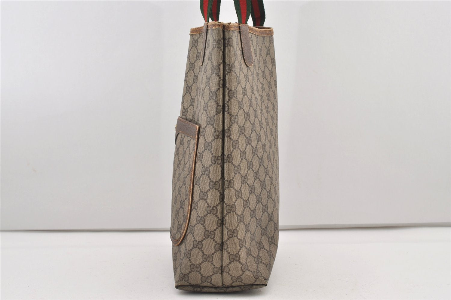 Authentic GUCCI Web Sherry Line Shoulder Tote Bag GG PVC Leather Brown 2253J