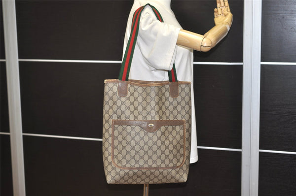 Authentic GUCCI Web Sherry Line Shoulder Tote Bag GG PVC Leather Brown 2253J