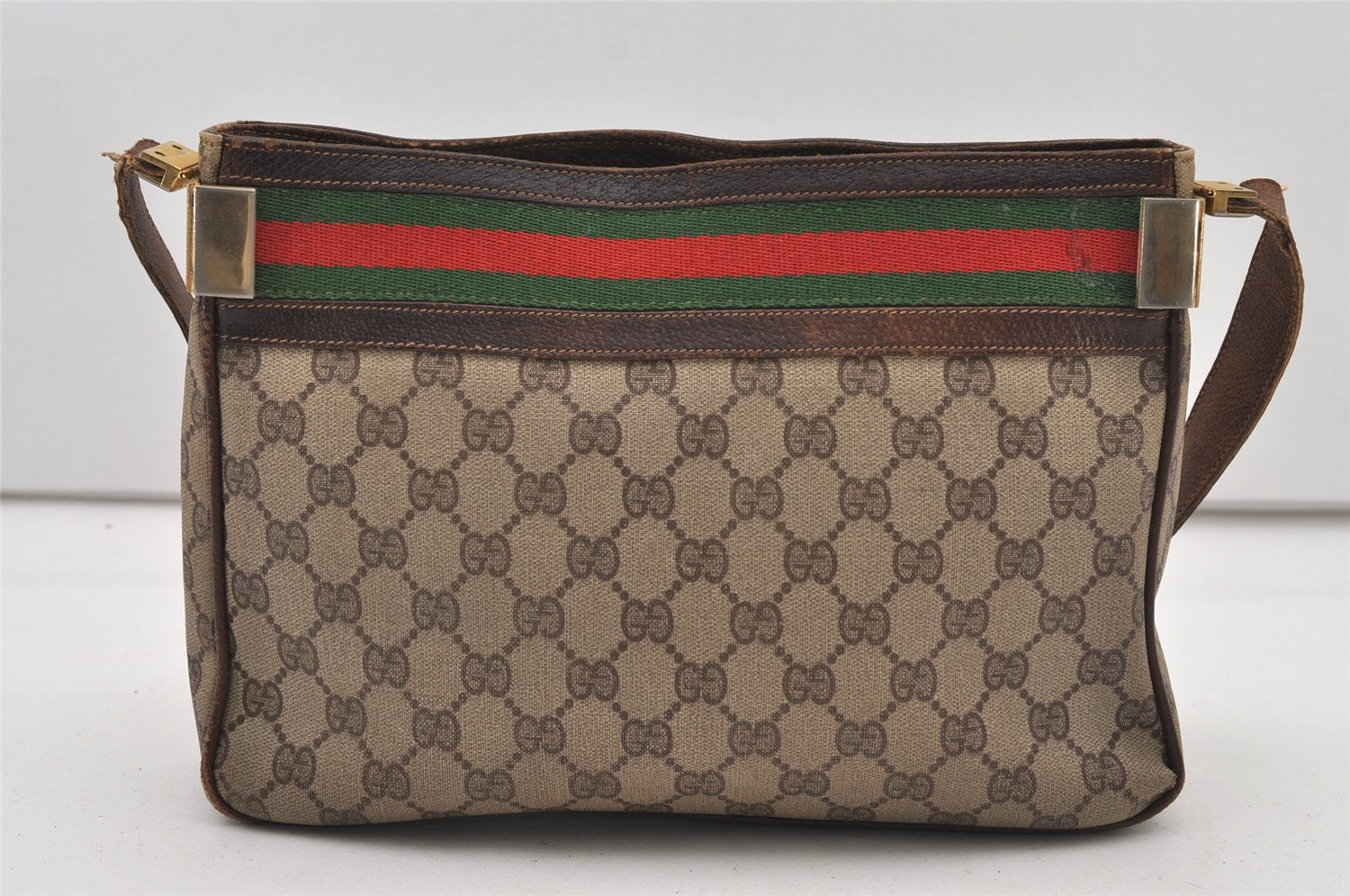 Authentic GUCCI Web Sherry Line Shoulder Bag Purse GG PVC Leather Brown 2254J
