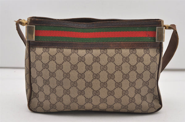 Authentic GUCCI Web Sherry Line Shoulder Bag Purse GG PVC Leather Brown 2254J